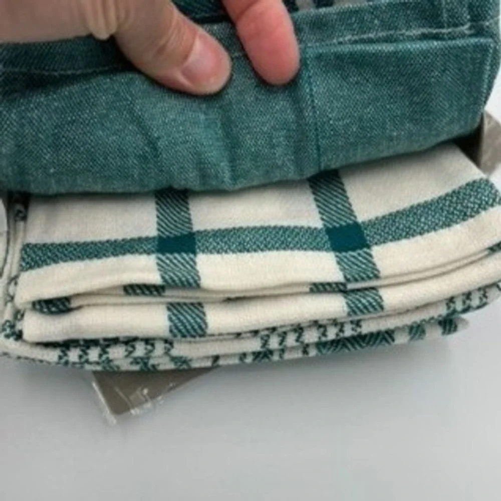 DII Woven Dishtowel Set 5pc Teal Stripe Plaid Farmhouse Kitchen New